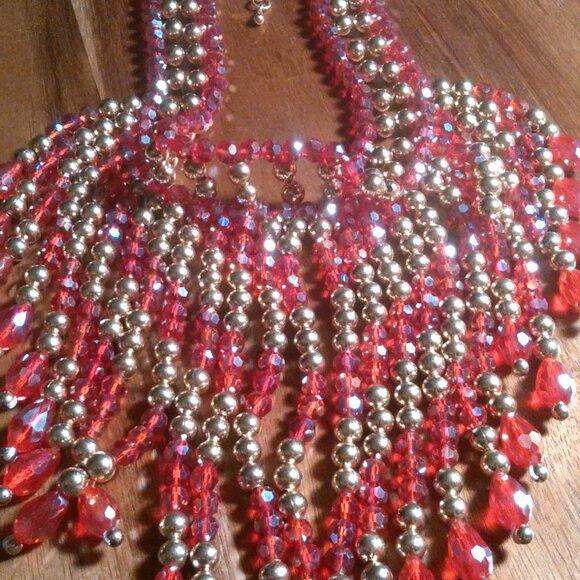 Red Glass and Beaded Waterfall Goldtone Necklace - Picture 12 of 16